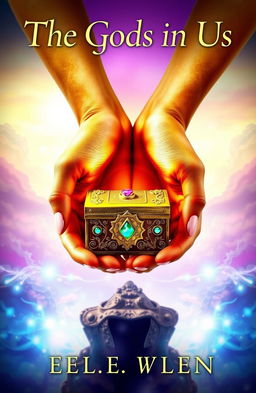 A fantasy book cover featuring two elegant hands with golden skin delicately holding a small, ornate treasure chest