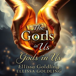 A fantasy book cover featuring two beautifully detailed golden skin hands, delicately holding a small, ornate treasure chest