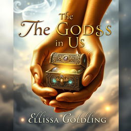 A fantasy book cover featuring two beautifully detailed golden skin hands, delicately holding a small, ornate treasure chest