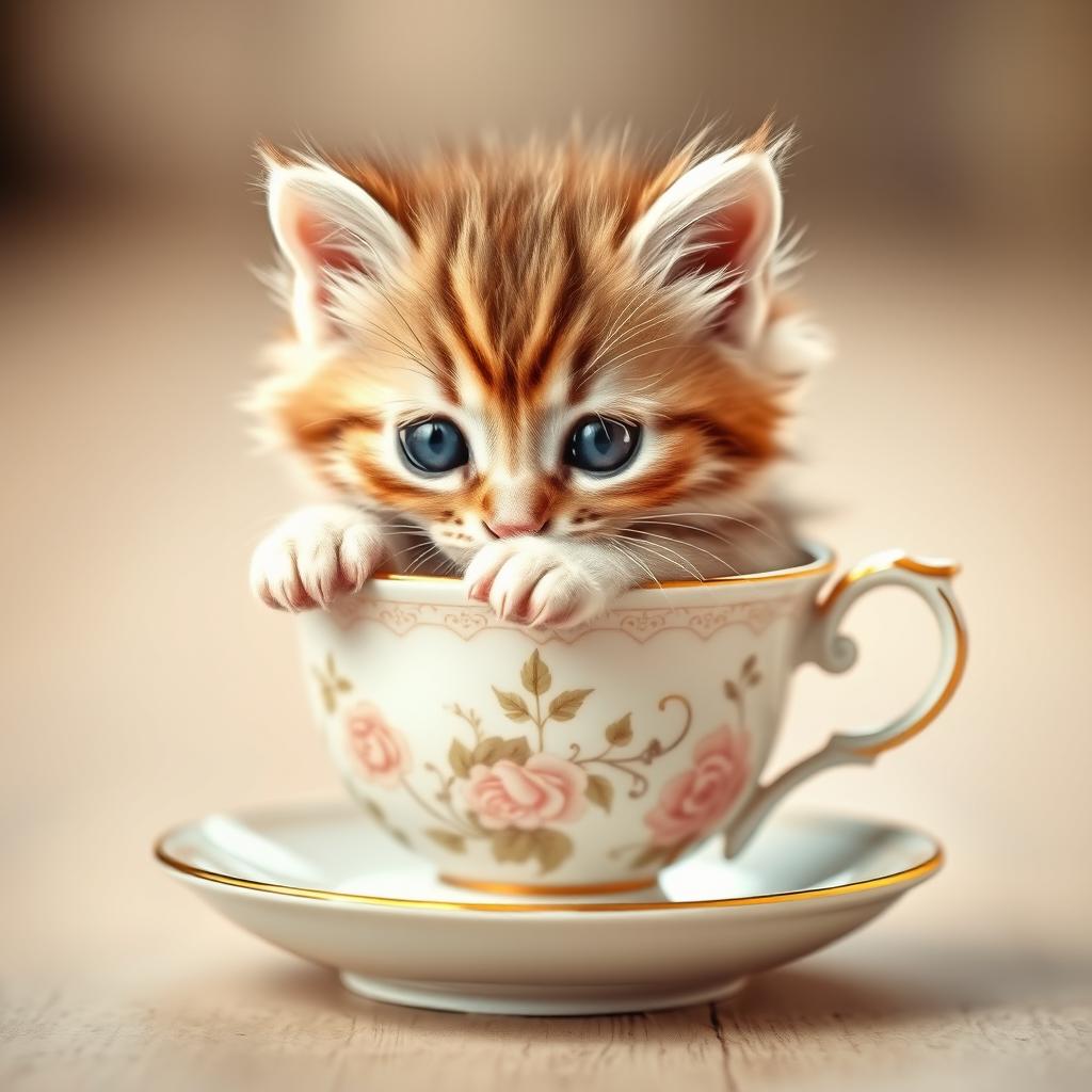 A charming and adorable kitten snugly sitting inside a small, delicate teacup