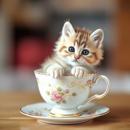 A charming and adorable kitten snugly sitting inside a small, delicate teacup