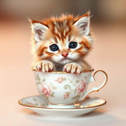 A charming and adorable kitten snugly sitting inside a small, delicate teacup