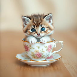 A charming and adorable kitten snugly sitting inside a small, delicate teacup