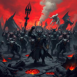 A formidable army of demons marching through a desolate landscape, characterized by dark, twisted terrain and a fiery red sky