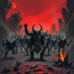 A formidable army of demons marching through a desolate landscape, characterized by dark, twisted terrain and a fiery red sky