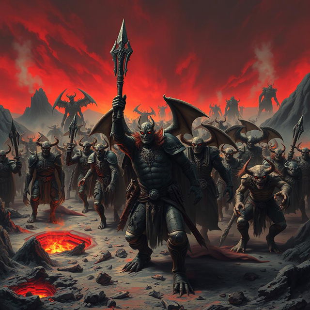 A formidable army of demons marching through a desolate landscape, characterized by dark, twisted terrain and a fiery red sky