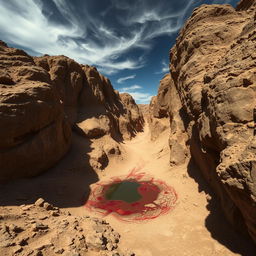 A deep ravine within a dry canyon, with rugged rock walls casting sharp shadows
