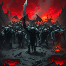 A formidable army of demons marching through a desolate landscape, characterized by dark, twisted terrain and a fiery red sky