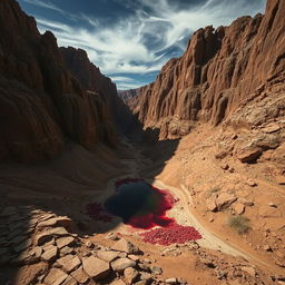 A deep ravine within a dry canyon, with rugged rock walls casting sharp shadows