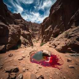 A deep ravine within a dry canyon, with rugged rock walls casting sharp shadows