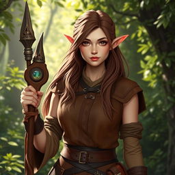 A female half-elf druid in modest leather armor, showcasing her unique heritage with pointed ears and an earthy aura