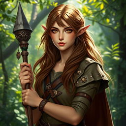 A female half-elf druid in modest leather armor, showcasing her unique heritage with pointed ears and an earthy aura