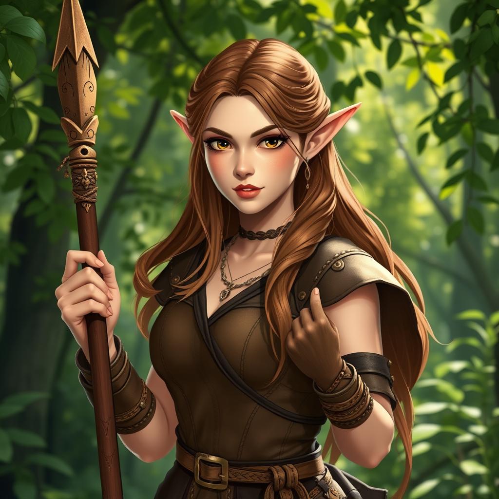 A female half-elf druid in modest leather armor, showcasing her unique heritage with pointed ears and an earthy aura