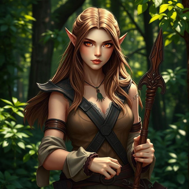 A female half-elf druid in modest leather armor, showcasing her unique heritage with pointed ears and an earthy aura