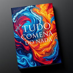 The book cover for 'TUDO COMEÇA DO NADA' features a mesmerizing depiction of chaos and creation, where elements like water and fire are dynamically intertwined, blending into a stunning visual symphony
