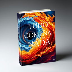 The book cover for 'TUDO COMEÇA DO NADA' features a mesmerizing depiction of chaos and creation, where elements like water and fire are dynamically intertwined, blending into a stunning visual symphony