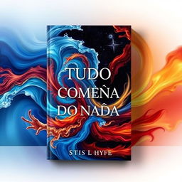 The book cover for 'TUDO COMEÇA DO NADA' features a mesmerizing depiction of chaos and creation, where elements like water and fire are dynamically intertwined, blending into a stunning visual symphony