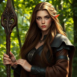 A realistic female half-elf druid wearing brown leather armor, modestly dressed, showcasing her natural features