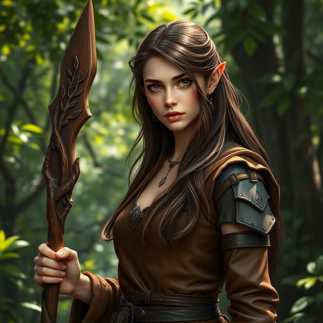 A realistic female half-elf druid wearing brown leather armor, modestly dressed, showcasing her natural features