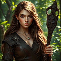 A realistic female half-elf druid wearing brown leather armor, modestly dressed, showcasing her natural features