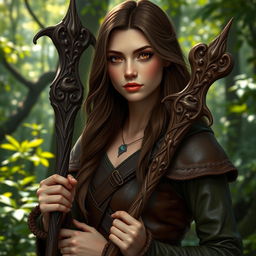 A realistic female half-elf druid wearing brown leather armor, modestly dressed, showcasing her natural features