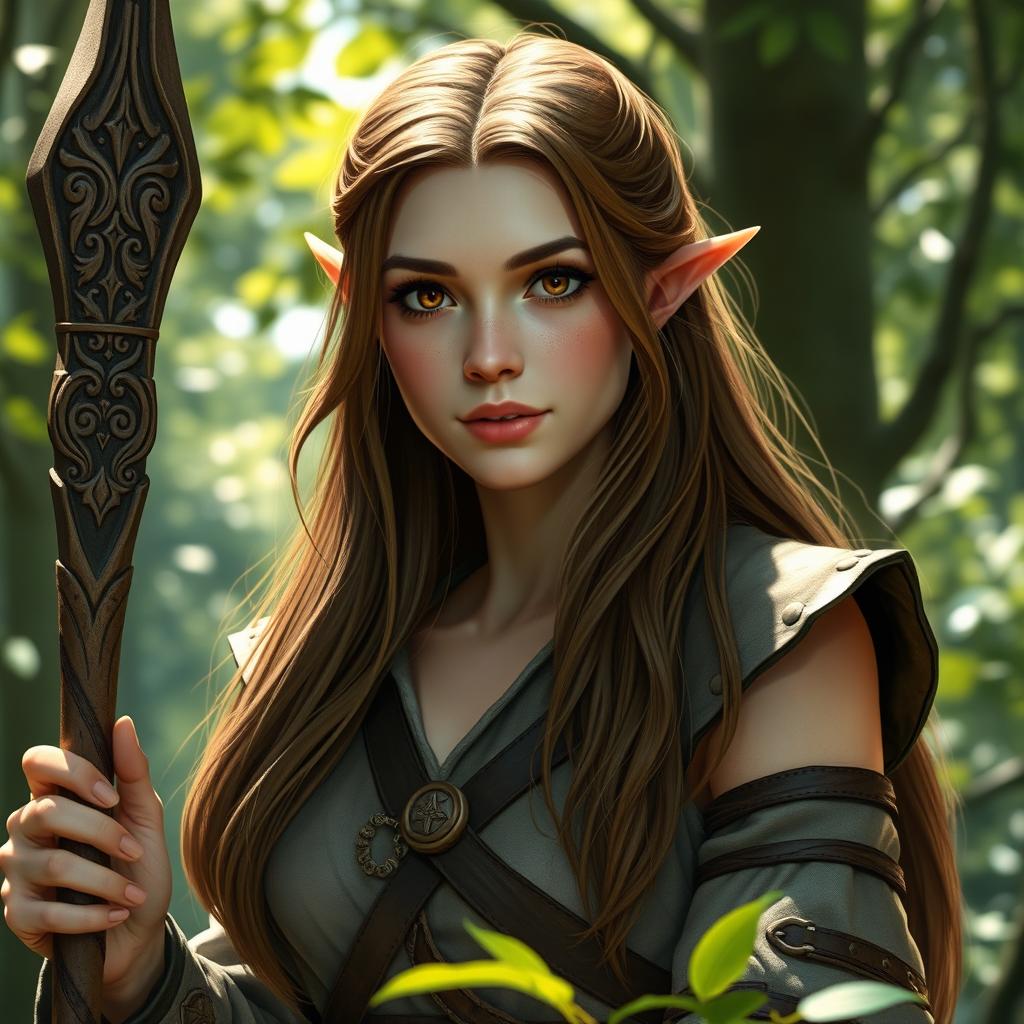 A realistic female half-elf druid with an ethereal presence, dressed in modest leather armor that blends seamlessly with the natural environment