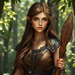 A realistic female half-elf druid with an ethereal presence, dressed in modest leather armor that blends seamlessly with the natural environment