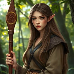 A realistic female half-elf druid with an ethereal presence, dressed in modest leather armor that blends seamlessly with the natural environment