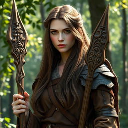 A realistic female half-elf druid with an ethereal presence, dressed in modest leather armor that blends seamlessly with the natural environment