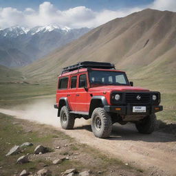 A robust Kyrgyzstani off-road vehicle, built to handle varying altitudes and rugged terrains, combining local design aesthetics and state-of-the-art technology