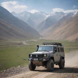 A robust Kyrgyzstani off-road vehicle, built to handle varying altitudes and rugged terrains, combining local design aesthetics and state-of-the-art technology