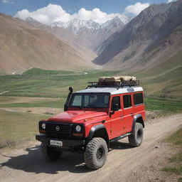 A robust Kyrgyzstani off-road vehicle, built to handle varying altitudes and rugged terrains, combining local design aesthetics and state-of-the-art technology