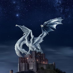 A silver dragon perched atop a gothic castle under a moonlit, starry sky