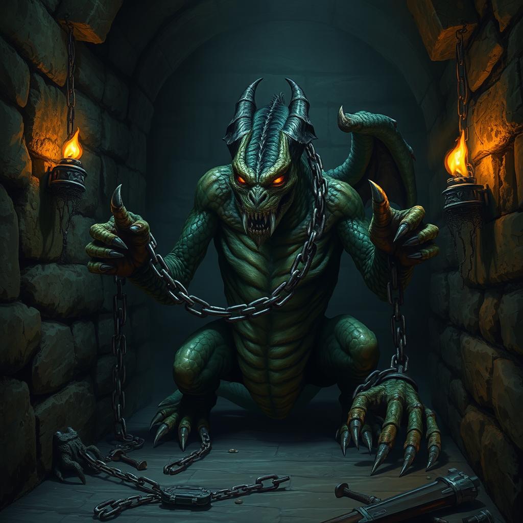 A desolate dungeon scene featuring a fearsome draconid creature imprisoned in a dimly lit cell