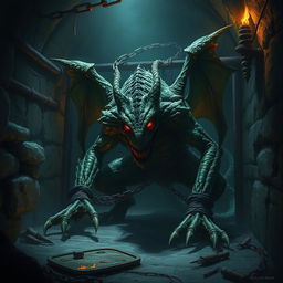 A desolate dungeon scene featuring a fearsome draconid creature imprisoned in a dimly lit cell