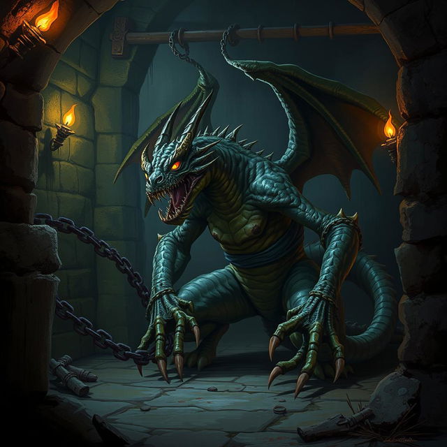 A desolate dungeon scene featuring a fearsome draconid creature imprisoned in a dimly lit cell