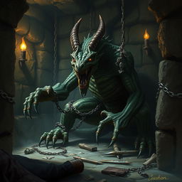 A desolate dungeon scene featuring a fearsome draconid creature imprisoned in a dimly lit cell