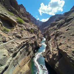 A deep ravine in a rugged canyon, surrounded by steep rock walls and rugged terrain