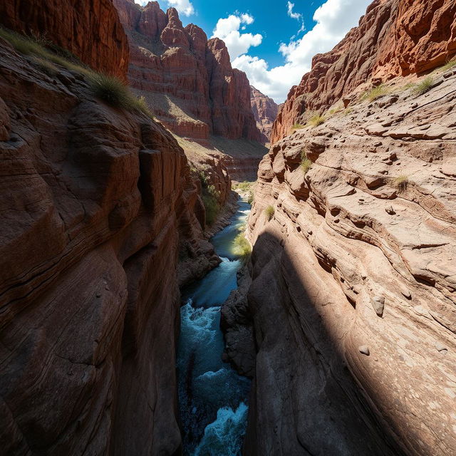 A deep ravine in a rugged canyon, surrounded by steep rock walls and rugged terrain