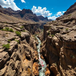 A deep ravine in a rugged canyon, surrounded by steep rock walls and rugged terrain