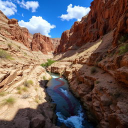 A deep ravine in a rugged canyon, surrounded by steep rock walls and rugged terrain