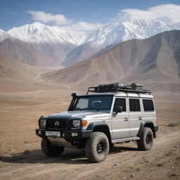 A robust Kyrgyzstani off-road vehicle, built to handle varying altitudes and rugged terrains, combining local design aesthetics and state-of-the-art technology