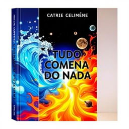 The book cover for 'TUDO COMEÇA DO NADA' showcases an enchanting scene of elemental forces in motion, where water and fire intertwine beautifully