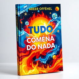 The book cover for 'TUDO COMEÇA DO NADA' showcases an enchanting scene of elemental forces in motion, where water and fire intertwine beautifully