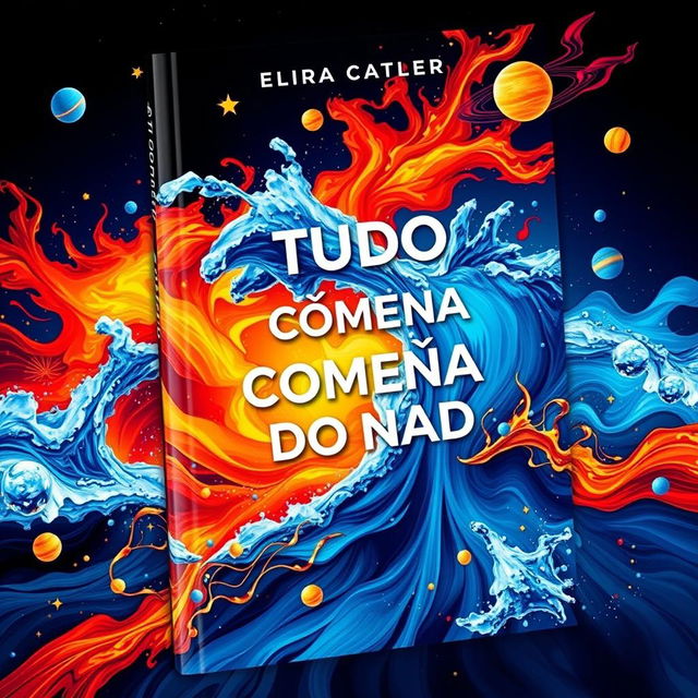 The book cover for 'TUDO COMEÇA DO NADA' showcases an enchanting scene of elemental forces in motion, where water and fire intertwine beautifully