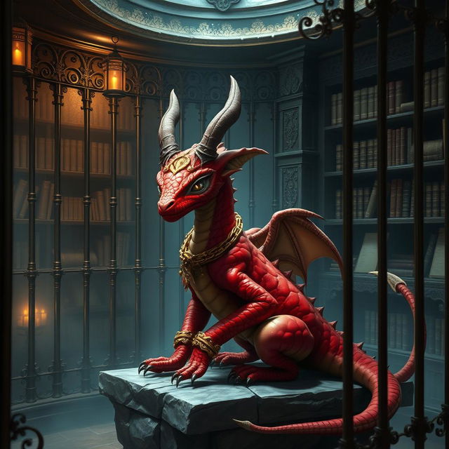 A sophisticated red draconid creature, showcasing a blend of elegance and strength, confined in a cell that reflects a more refined environment