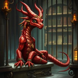 A sophisticated red draconid creature, showcasing a blend of elegance and strength, confined in a cell that reflects a more refined environment