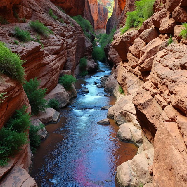 A picturesque small ravine nestled within a vast canyon, showcasing a gentle flow of clear water that glistens under the sun