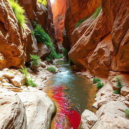 A picturesque small ravine nestled within a vast canyon, showcasing a gentle flow of clear water that glistens under the sun