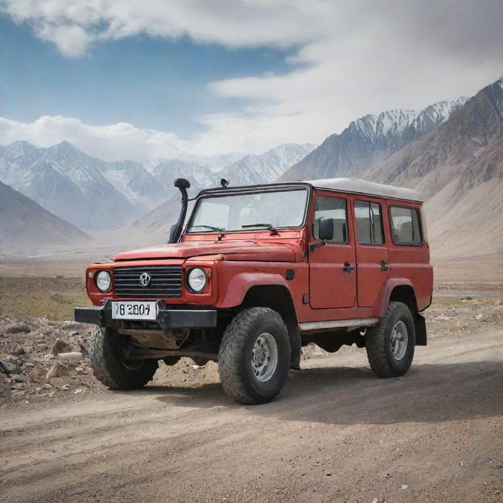 A rugged 4x4 vehicle from Tajikistan, built for the country's mountainous terrain, melding traditional design elements with modern technology